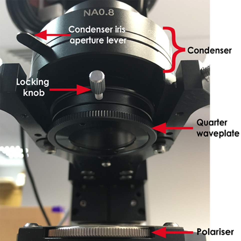 Zoomed in section of the SliceScope with DIC components labelled 